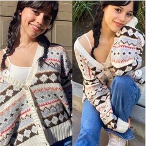 American Eagle Fair Isle Argyle Button Down Cardigan Knit Sweater Boho Medium