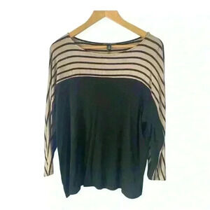 Cable & Gauge Women's Sz Large Long Sleeve Black Tan Striped Round Neck Top