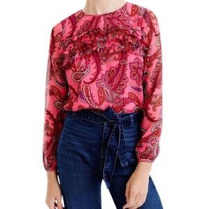 J. Crew Ruffle Front Silk Chiffon Paisley Top Size 2