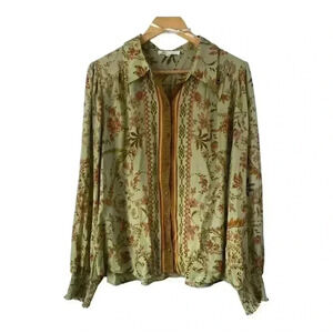 DR2 Women's Floral Paisley Green Tan Long Sleeve Button Up Blouse Size XL