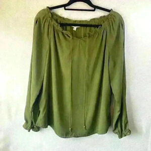 NWT Women's Notations Green Long Sleeve Ruffle Tie Front Blouse Size Large