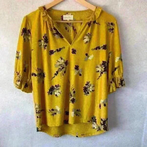 Melloday | Mustard Yellow Ruffle 3/4 Sleeve  Floral Print V Neck Blouse Size S