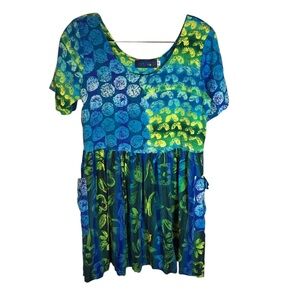 Jams world mini baby doll dress women S blue green short sleeve pockets floral