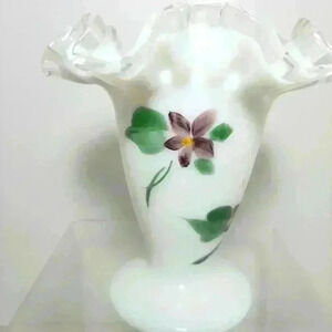 Fenton Silver Crest Milk Glass Ruffle Vase with wrap around hand painted violets