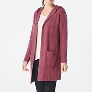 Barefoot Dreams CozyChic Lite Relaxed Hooded Long Cardigan Berry Rose Size Small