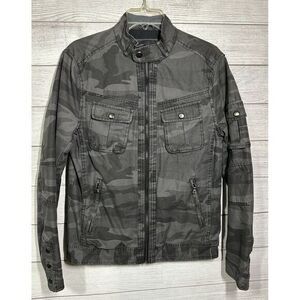 Rock & Republic Mens Small Black Gray Camo Full Zip Jackets Pockets‎ Snap