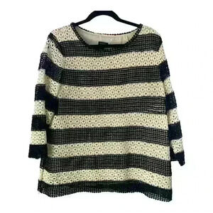 Talbots Crochet Lace Overlay Striped Blouse Black Ivory Lined 3/4‎ Sleeve L