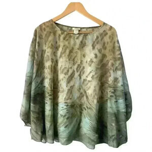 Chico's Women's Size L/XL Earth Olive Green Abstract Semi Sheer Poncho Blouse