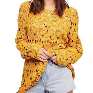 Free People Crochet Sweater Tunic Mini Dress Goldenrod Yellow Women’s Size XS