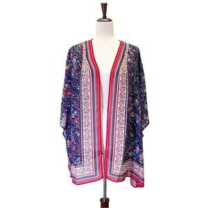 Belle Kim Gravel Border Print Kimono Swim Cover-Up Navy Red Paisley Size Large