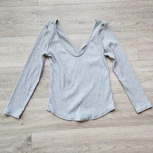 Intimately Free People Gray Shirt Womens Large Ribbed Long Sleeves V Neck