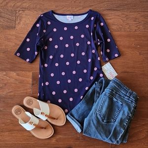 LuLaRoe Gigi Polka Dot Shirt Womens Small Blue Pink Elbow Sleeves Nwt