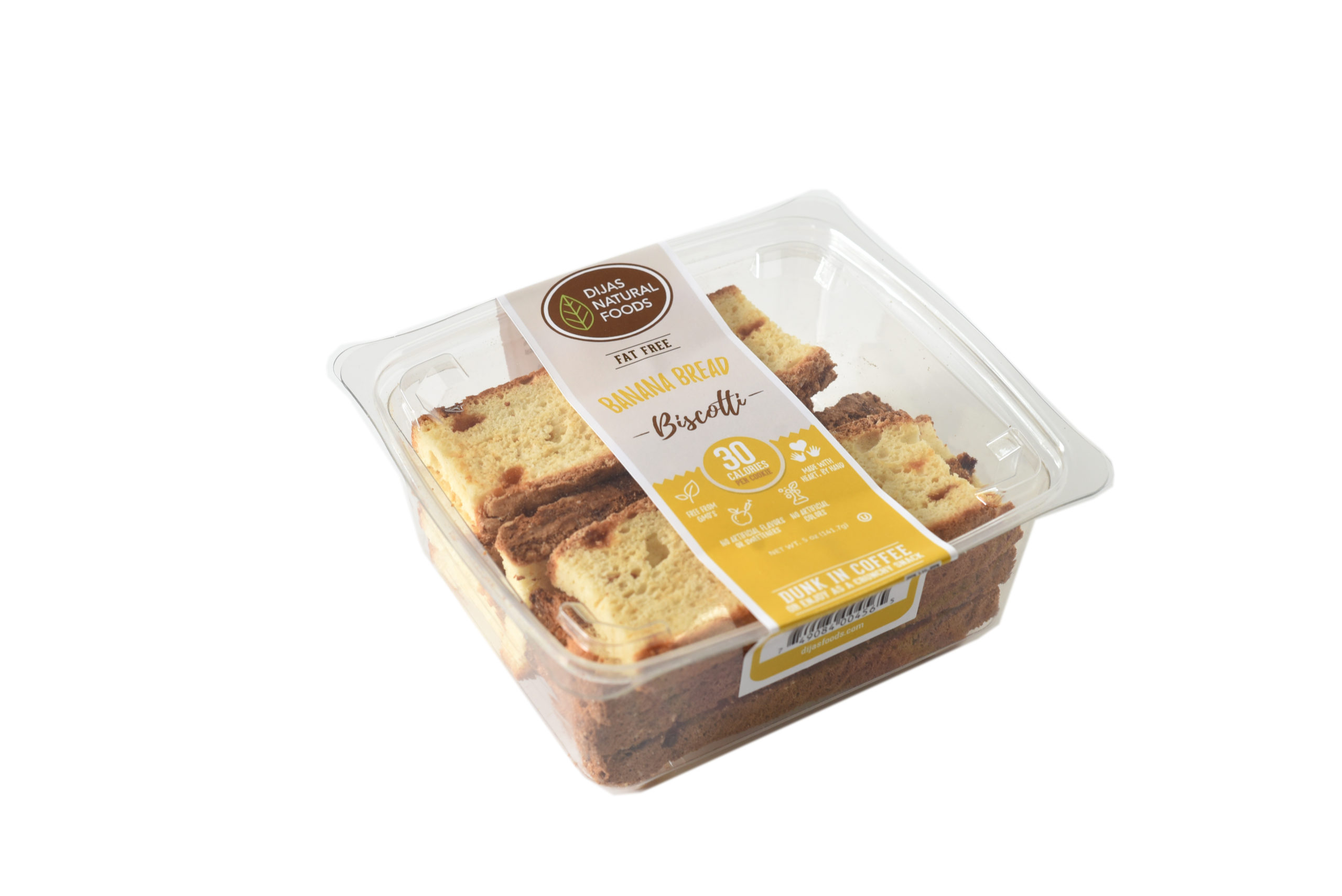 DIJAS Banana Biscotti is a delicious, low-calorie, fat-free, healthy snack. We ship to all 48 continental states in the USA including Florida, California, Texas, Colorado, New Jersey, Delaware, New York, and Pennsylvania!