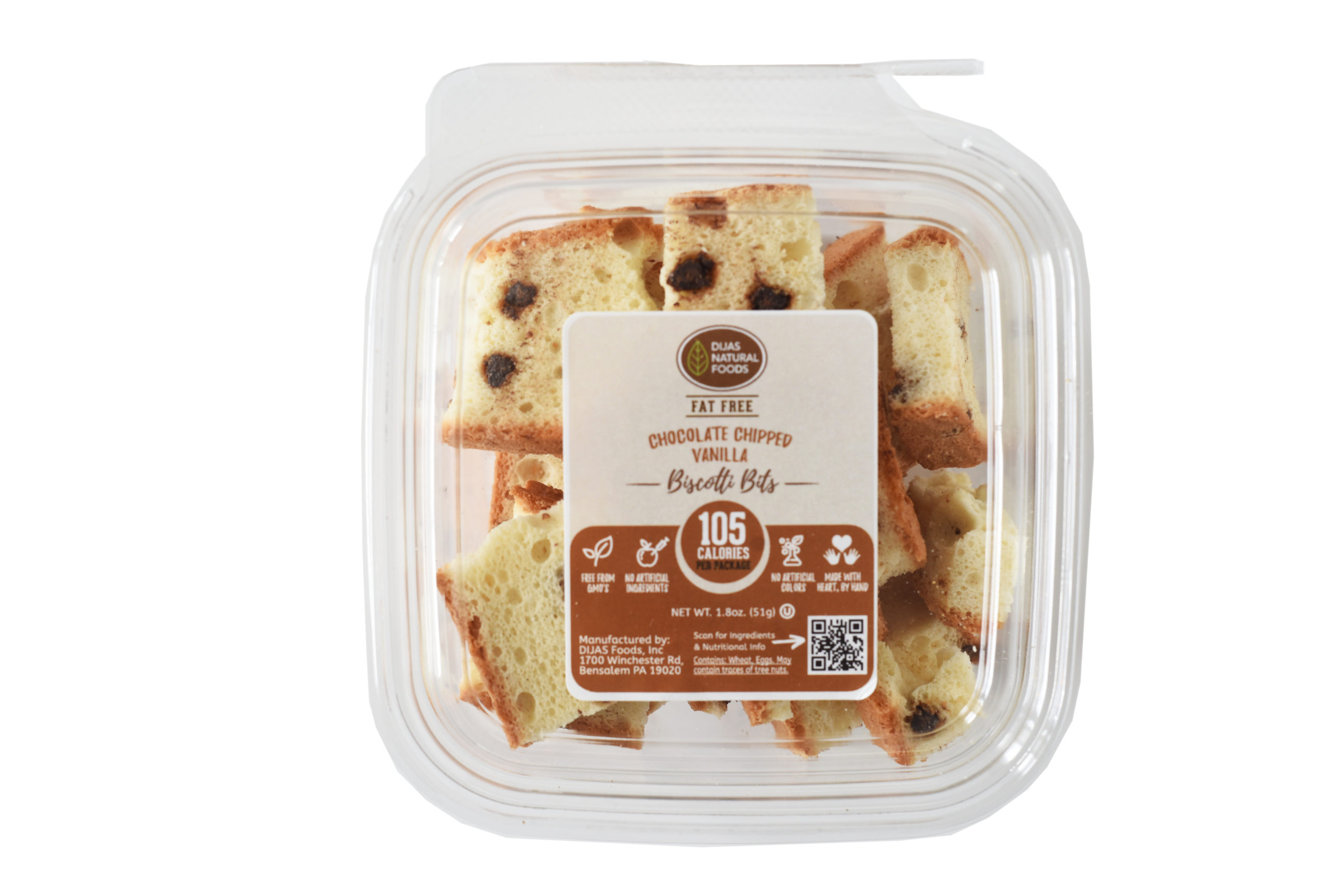 DIJAS Choc Chip Vanilla Biscotti Bits are a delicious low calorie and fat-free snack. We ship to Pennsylvania, New Jersey, New York, Delaware, Connecticut, Massachusetts, Florida, California, and more!