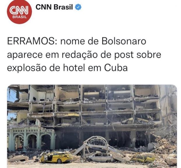 CNN coloca nome de Bolsonaro em notícia de explosão em hotel e pede desculpas: “erramos”