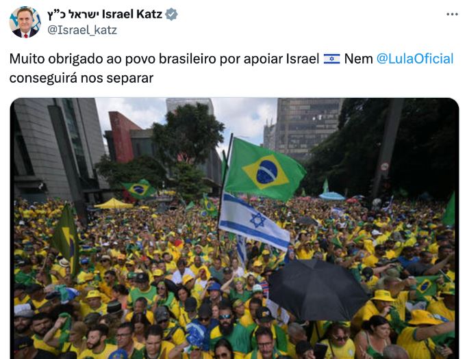 Ministro de Israel posta foto de ato de Bolsonaro e provoca Lula