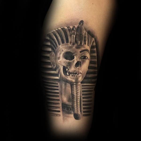 half skull king tutankhamun mens arm tattoo with d design