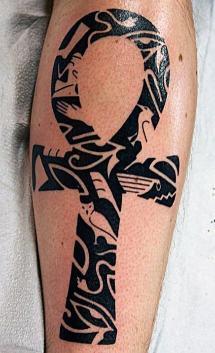 mens ankh tribal tattoo design on leg