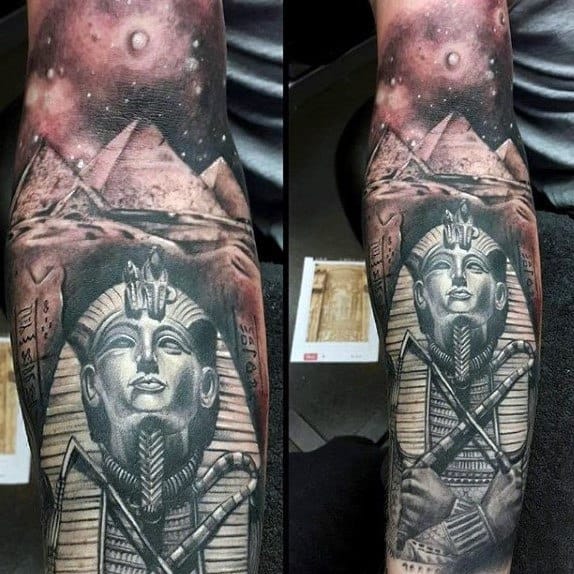 mens full sleeve tattoo of king tut with ancient egyptian pyramids