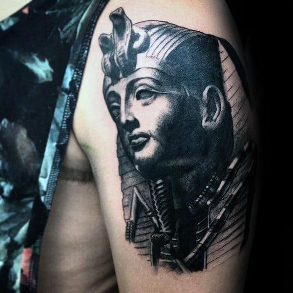 mens upper arm black ink king tut tattoo designs