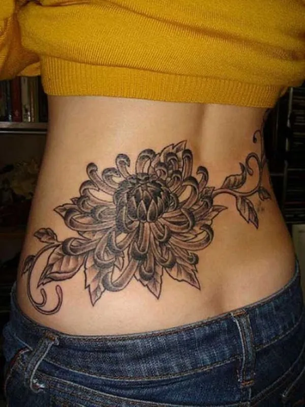 Gray Chrysanthemums Lower Back Tattoo