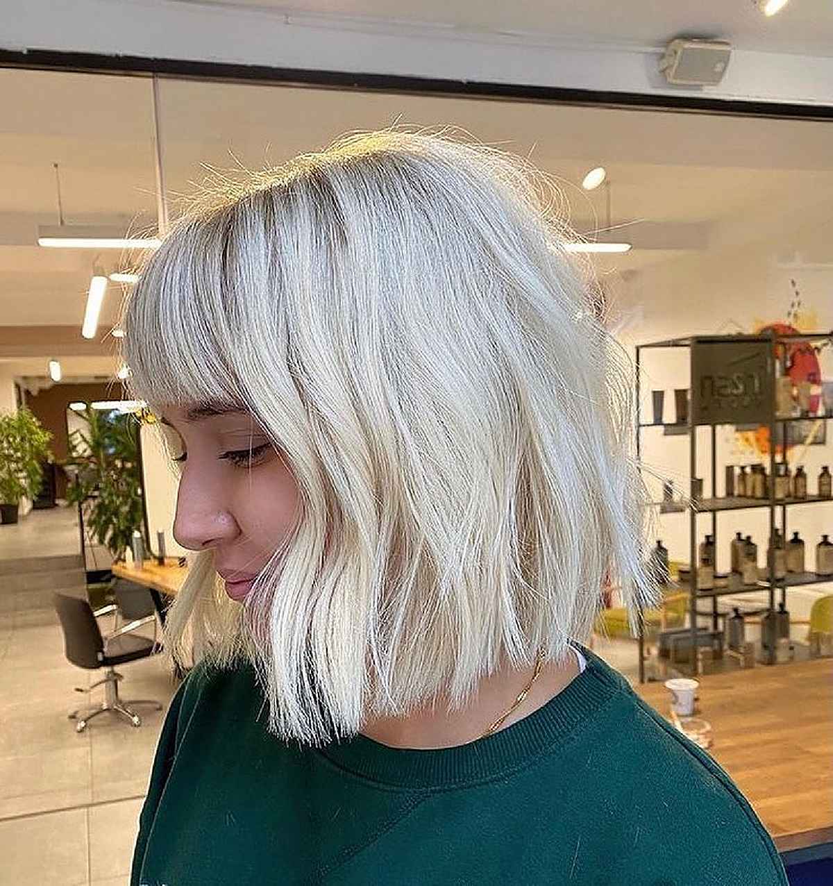 neck length blunt bob with bangs