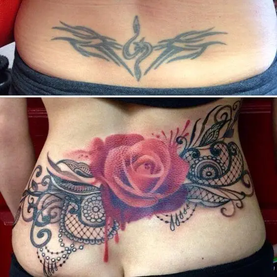 rose flower cover up tattoo design on lower back