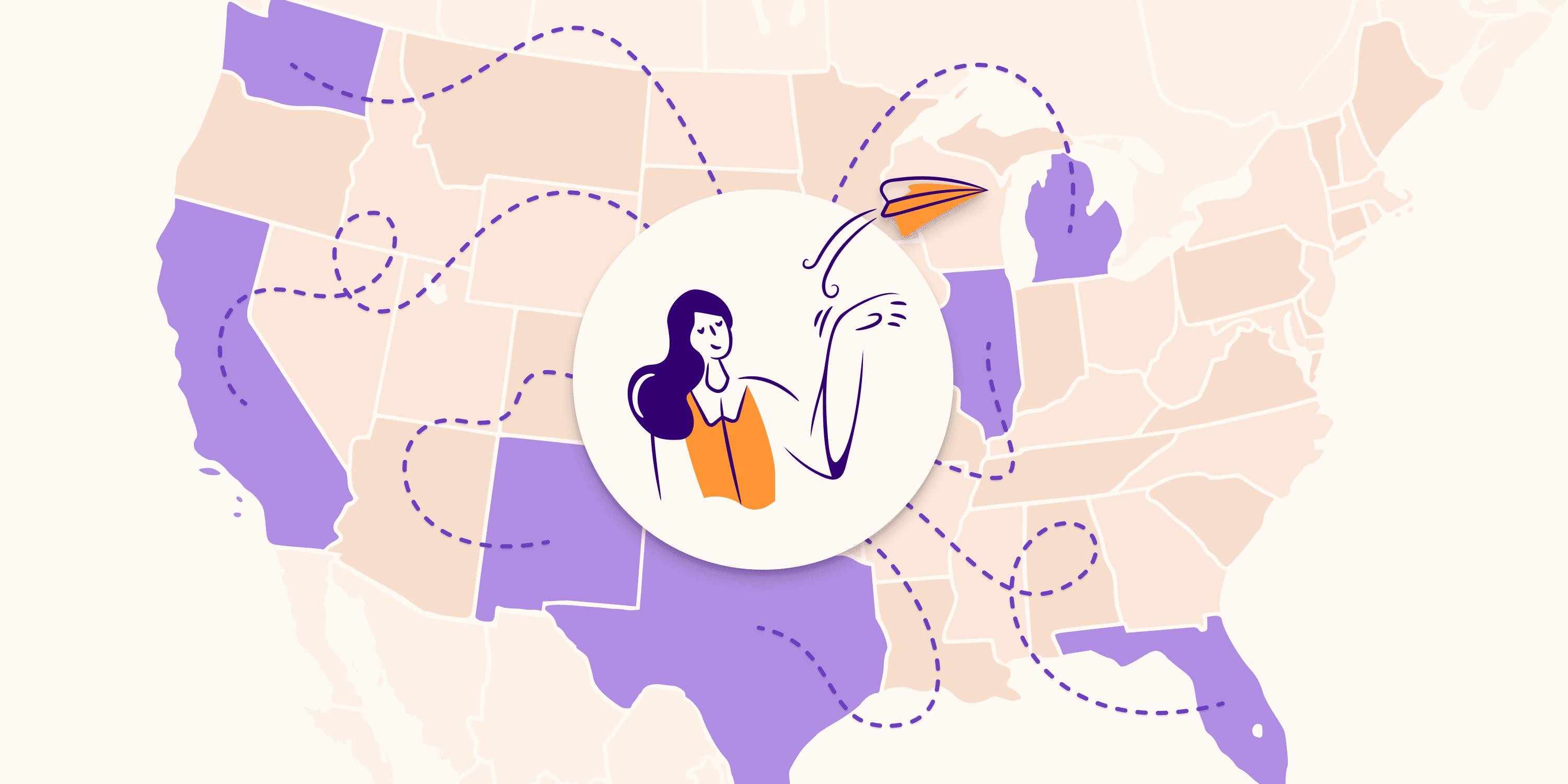 Illustration of a woman launching a paper airplane at a U.S. map with several states highlighted