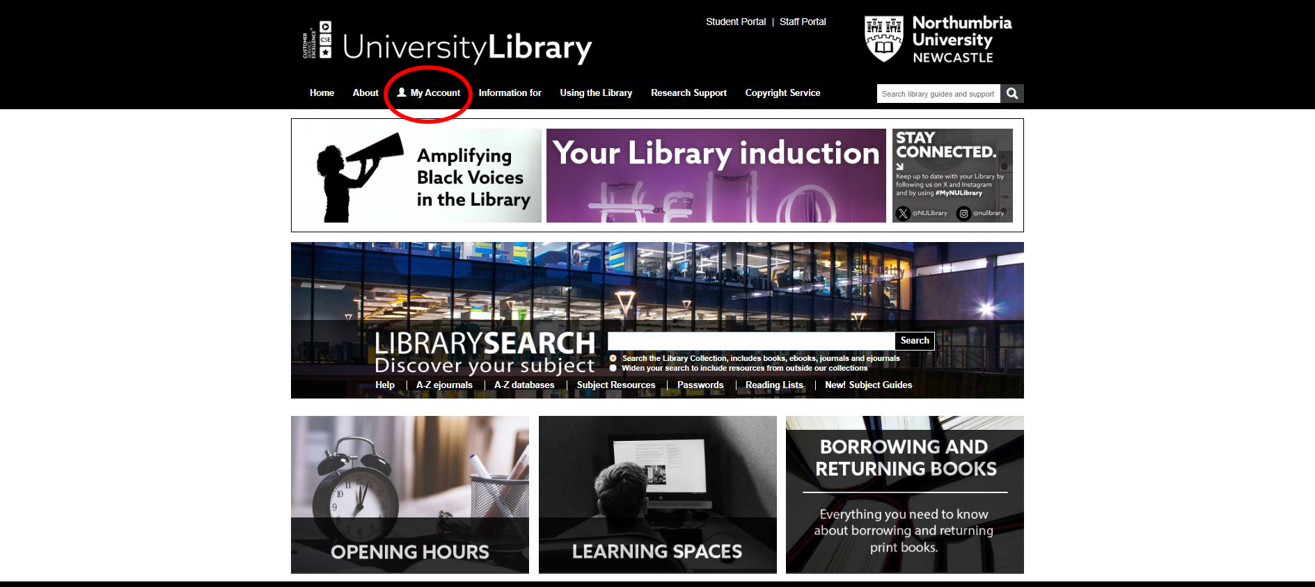 My Account button on the Library University Online portal