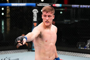 Paddy McCorry reacts after his submission victory over Mark Hulme in their middleweight fight during the filming of The Ultimate Fighter at UFC APEX on March 27, 2024 in Las Vegas, Nevada. (Photo by Chris Unger/Zuffa LLC)