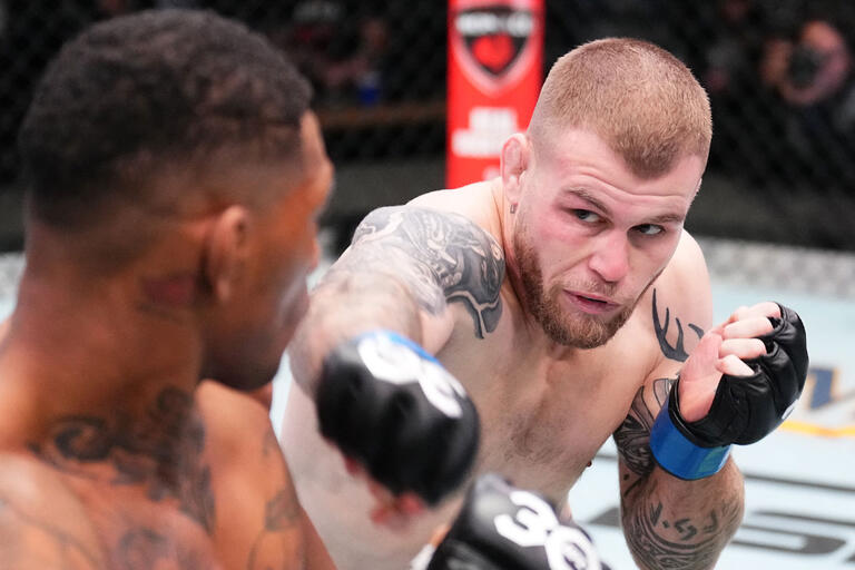 Jake Matthews of Australia punches Michael Morales of Ecuador in a welterweight fight during the UFC Fight Night event at UFC APEX on November 18, 2023 in Las Vegas, Nevada. (Photo by Chris Unger/Zuffa LLC)