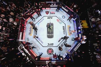 An overhead view of the Octagon in the UFC welterweight championship fight during the UFC 296 event at T-Mobile Arena on December 16, 2023 in Las Vegas, Nevada. (Photo by Zuffa LLC/Zuffa LLC)