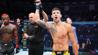 Joel Alvarez of Spain reacts after defeating Marc Diakiese of The Democratic Republic of Congo in their lightweight fight during the UFC Fight Night at The O2 Arena on July 22, 2023 in London, England. (Photo by Chris Unger/Zuffa LLC)