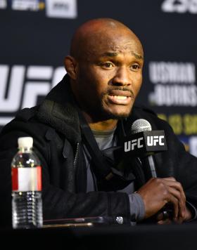 Kamaru Usman talks with media before UFC 258