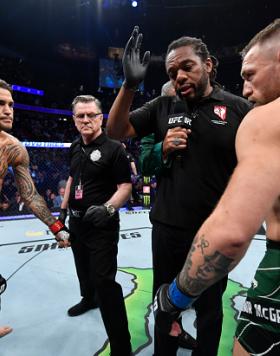 Opponents Dustin Poirier and Conor McGregor of Ireland face off prior to their welterweight fight during the UFC 264 event at T-Mobile Arena on July 10, 2021 in Las Vegas, Nevada. (Photo by Jeff Bottari/Zuffa LLC)