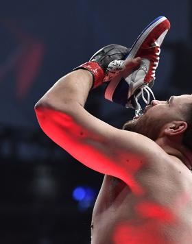 Tai Tuivasa of Australia reacts after knocking out Greg Hardy in their heavyweight fight during UFC 264 on July 10 2021 in Las Vegas NV