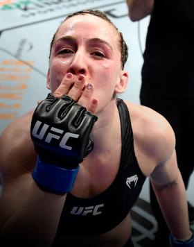 Vanessa Demopoulos celebrates after her submission victory over Silvana Gomez Juarez of Argentina in their strawweight fight during the UFC 270 event at Honda Center on January 22, 2022 in Anaheim, California. (Photo by Chris Unger/Zuffa LLC)