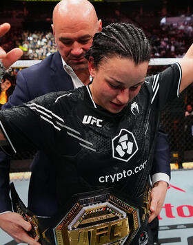 Raquel Pennington reacts after her victory against Mayra Bueno Silva of Brazil in a UFC bantamweight championship bout during the UFC 297 event at Scotiabank Arena on January 20, 2024 in Toronto, Ontario. (Photo by Jeff Bottari/Zuffa LLC)