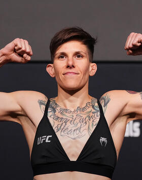 Macy Chiasson poses on the scale during the UFC Fight Night weigh-in at UFC APEX on March 15, 2024 in Las Vegas, Nevada. (Photo by Jeff Bottari/Zuffa LLC)