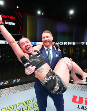 Vanessa Demopoulos reacts after her split-decision victory against Emily Ducote in a strawweight fight during the UFC Fight Night event at UFC APEX on May 18, 2024 in Las Vegas, Nevada. (Photo by Chris Unger/Zuffa LLC)