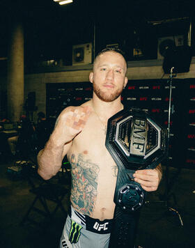 Justin Gaethje backstage with the BMF belt at UFC 291 on July 29, 2023. (Photo by Kaylie Foster/Zuffa LLC)