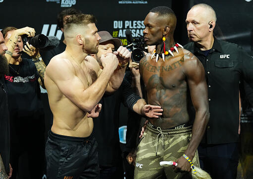 Opponents Dricus Du Plessis of South Africa and Israel Adesanya of Nigeria face off during the UFC 305 ceremonial weigh-in at RAC Arena on August 17, 2024 in Perth, Australia. (Photo by Jeff Bottari/Zuffa LLC)