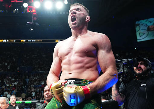 Dricus Du Plessis of South Africa reacts after his submission victory against Israel Adesanya of Nigeria in the UFC middleweight championship fight during the UFC 305 event at RAC Arena on August 18, 2024 in Perth, Australia. (Photo by Jeff Bottari/Zuffa LLC)