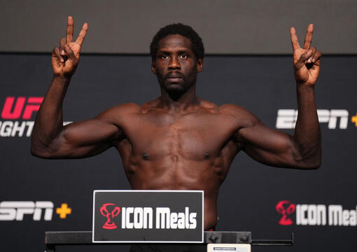 Jared Cannonier poses on the scale during the UFC Fight Night weigh-in at UFC APEX on August 23, 2024 in Las Vegas, Nevada. (Photo by Chris Unger/Zuffa LLC)