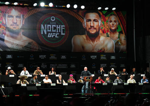 A general view of the stage during the UFC 306 at Riyadh Season Noche UFC press conference at Sphere on September 12, 2024 in Las Vegas, Nevada. (Photo by Chris Unger/Zuffa LLC)