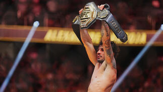 Alexandre Pantoja of Brazil reacts to his win in the UFC flyweight championship fight during the UFC 290 event at T-Mobile Arena on July 08, 2023 in Las Vegas, Nevada. (Photo by Chris Unger/Zuffa LLC)