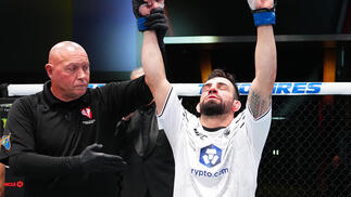 Bruno Silva of Brazil reacts after his TKO victory against Cody Durden in a flyweight fight during the UFC Fight Night event at UFC APEX on July 20, 2024 in Las Vegas, Nevada. (Photo by Jeff Bottari/Zuffa LLC)