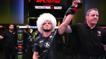 Umar Nurmagomedov of Russia reacts after his victory against Bekzat Almakhan of Kazakhstan in a bantamweight bout during the UFC Fight Night event at UFC APEX on March 02, 2024 in Las Vegas, Nevada. (Photo by Jeff Bottari/Zuffa LLC)