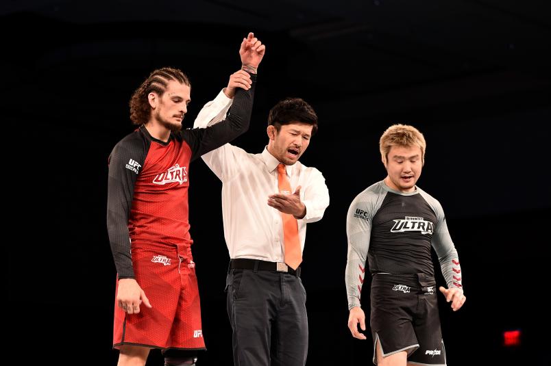 LAS VEGAS, NEVADA - DECEMBER 12: (L-R) Sean OMalley of Team UFC celebrates his victory over Takanori Gomi of Team PRIDE during the QUINTET Ultra event at Red Rock Resort Spa & Casino on December 12, 2019 in Las Vegas. (Photo by Chris Unger/Zuffa LLC)