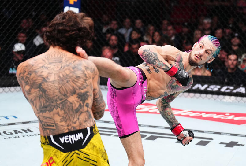 Sean O'Malley kicks Marlon Vera of Ecuador in the UFC bantamweight championship fight during the UFC 299 event at Kaseya Center on March 09, 2024 in Miami, Florida. (Photo by Chris Unger/Zuffa LLC via Getty Images)